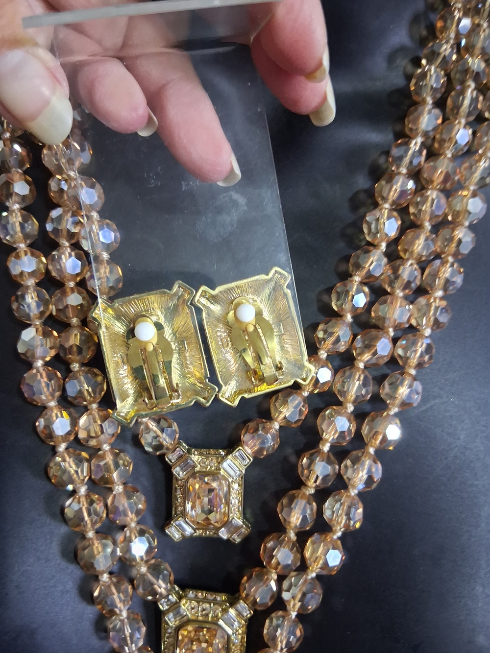 Heidi Daus Estate Splendor 3 Strand Necklace & Clip On Earrings Set Golden - Picture 3 of 6